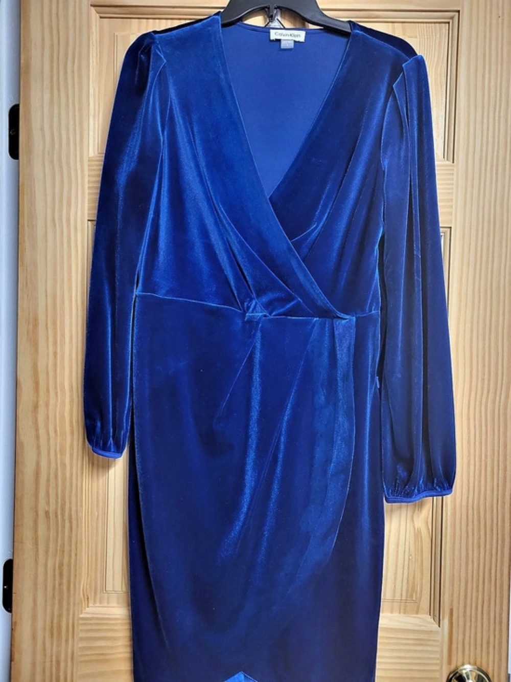 Calvin Klein Faux-Wrap Long-Sleeve Velvet Sheath Dress Blue Velvet Wrap Midi